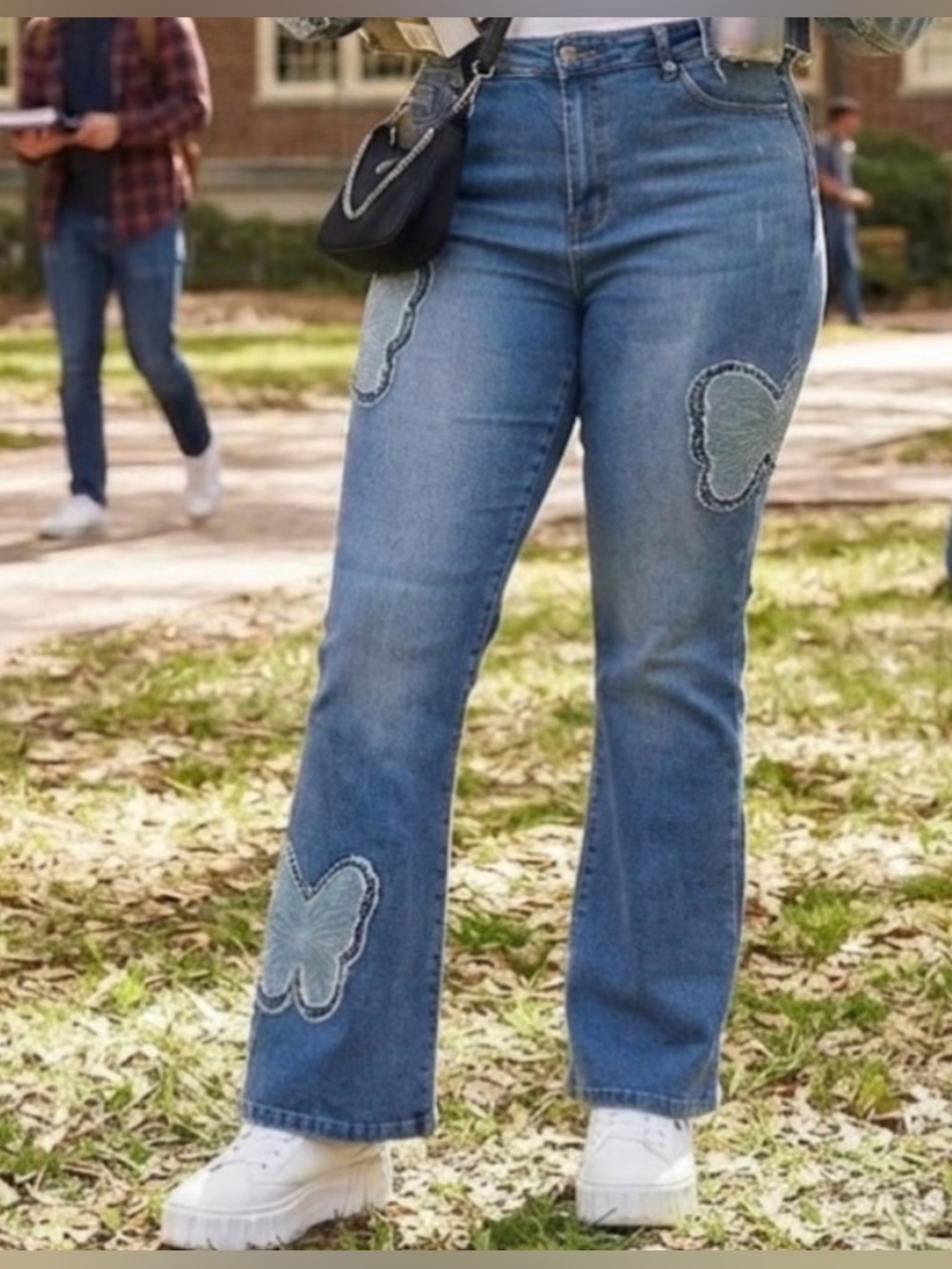 Y2K Aesthetic Denim Patchwork Butterfly Accent Bootcut high rise Jeans